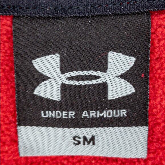 Under Armour Sweatshirt Men's Small Pullover Red Fleece Black Logo Edged Cuffs - Picture 3 of 10